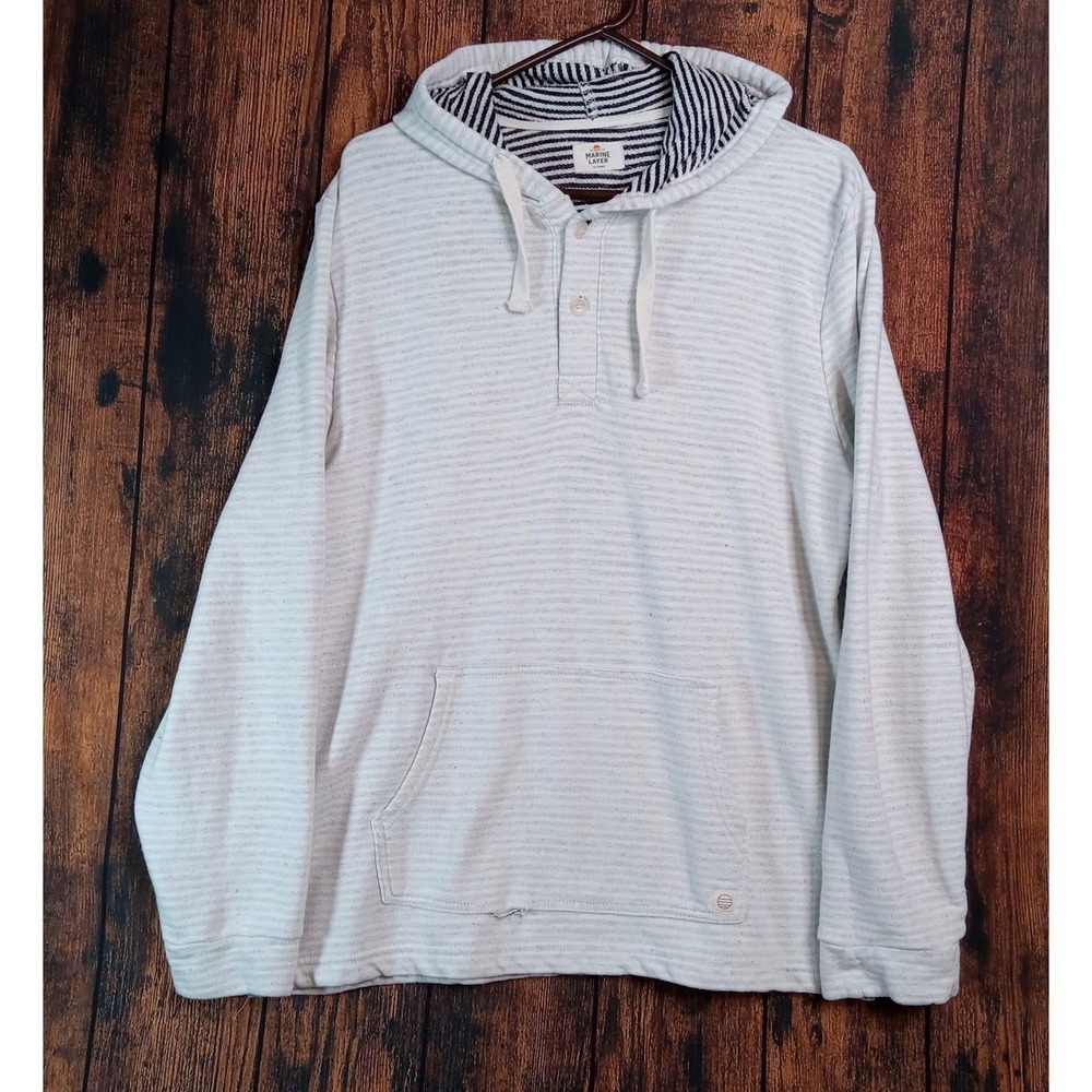 Marine Layer Mens XL Henley Hoodie White Grey Striped Cotton Rayon Pullover